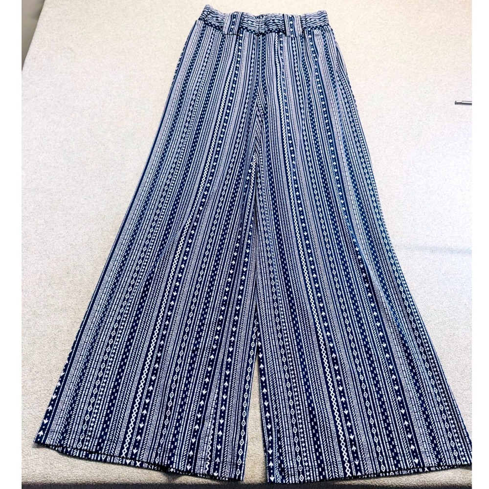 Robert Louis Womens S Palazzo Pants Blue White Boho Geometric‎ Wide Leg Stretch